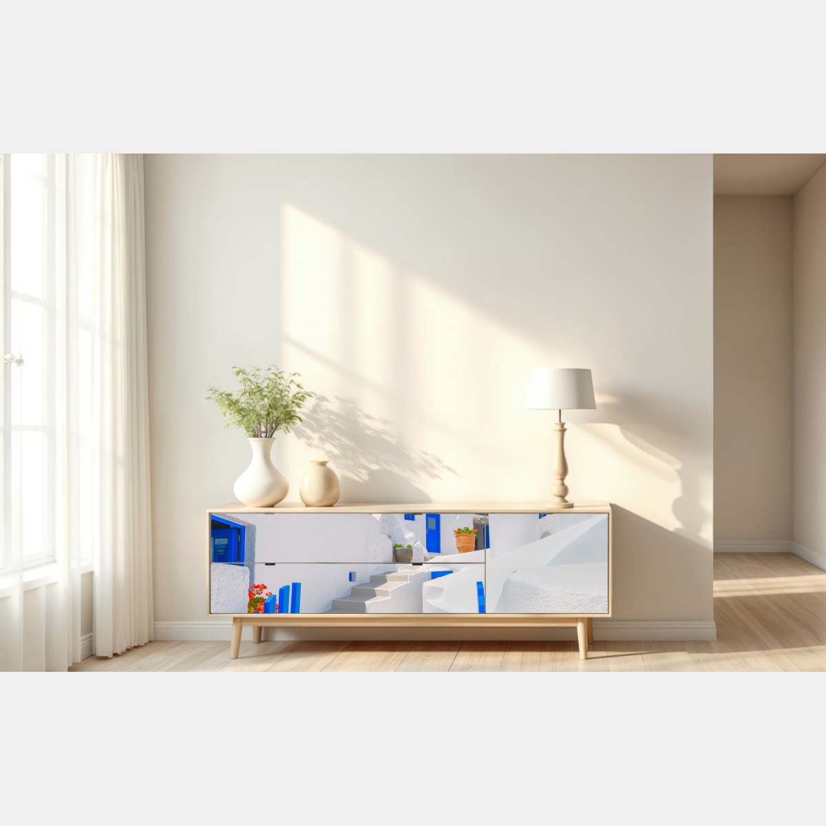 Naklejka repozycjonowalna Santorini białe domy z niebieskimi akcentami – Wallissimo® Naklejka repozycjonowalna Santorini białe domy z niebieskimi akcentami – Wallissimo®