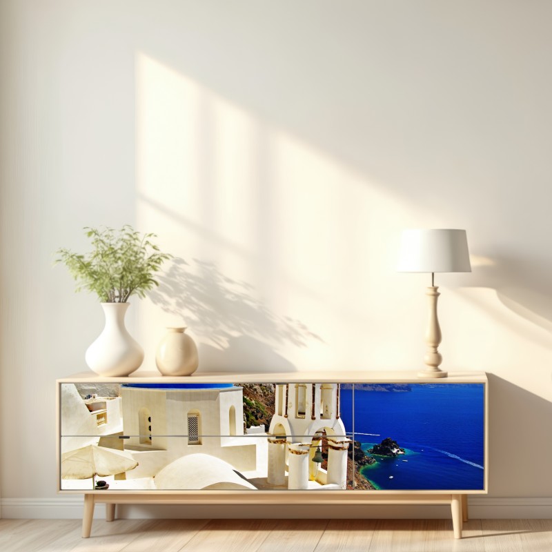 Naklejka repozycjonowalna Santorini błękitne kopuły nad morzem – Wallissimo® Naklejka repozycjonowalna Santorini błękitne kopuły nad morzem – Wallissimo®