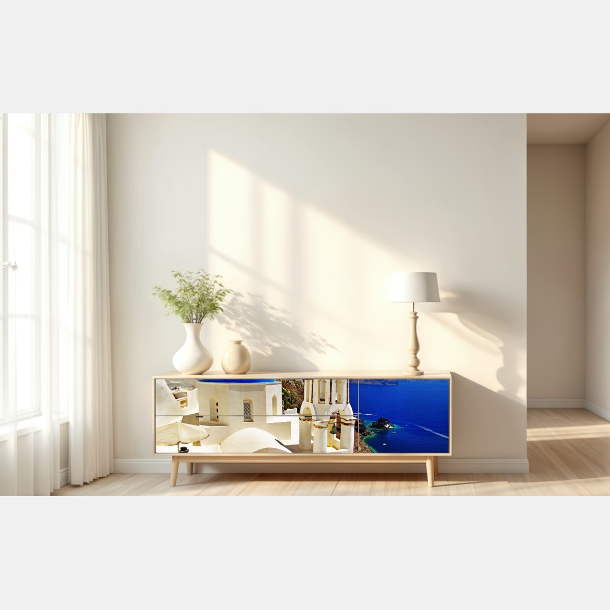 Naklejka repozycjonowalna Santorini błękitne kopuły nad morzem – Wallissimo® Naklejka repozycjonowalna Santorini błękitne kopuły nad morzem – Wallissimo®