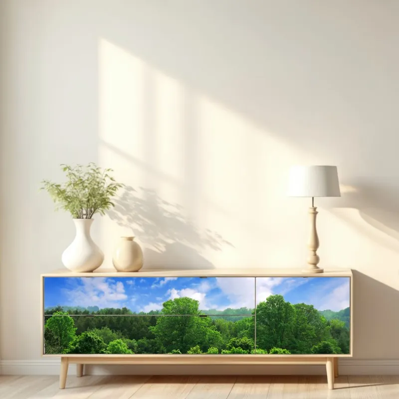 Naklejka repozycjonowalna letni zielony las pod niebieskim niebem