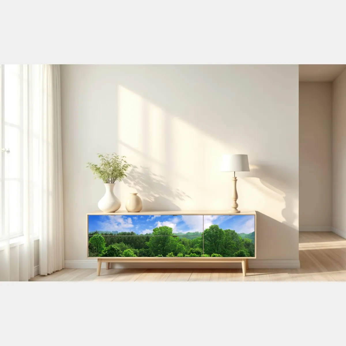 Naklejka repozycjonowalna letni zielony las pod niebieskim niebem – Wallissimo® Naklejka repozycjonowalna letni zielony las pod niebieskim niebem – Wallissimo®