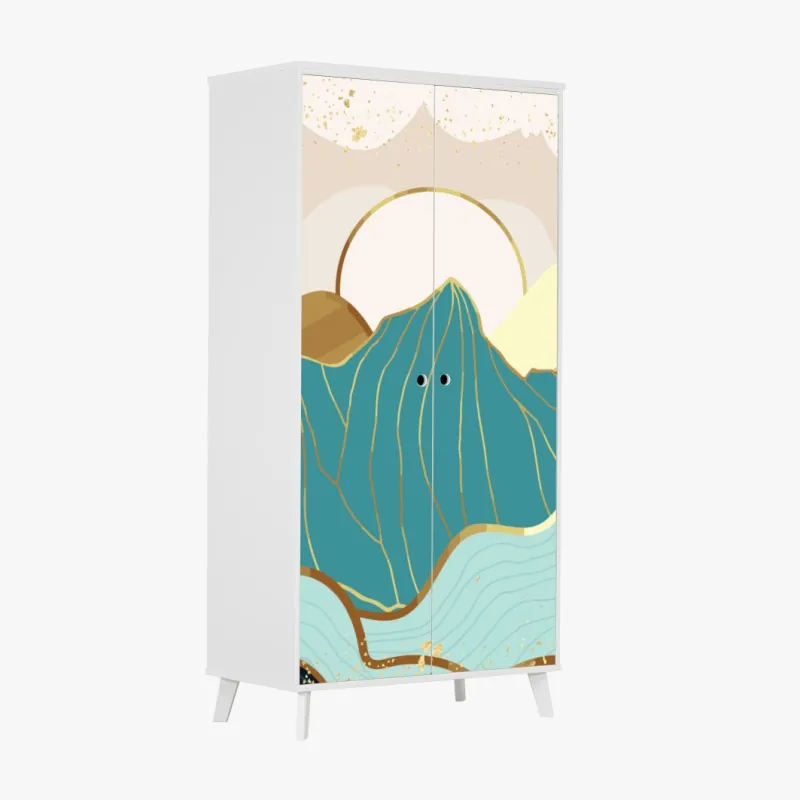 Naklejka na szafę turkusowe góry o złotych akcentach