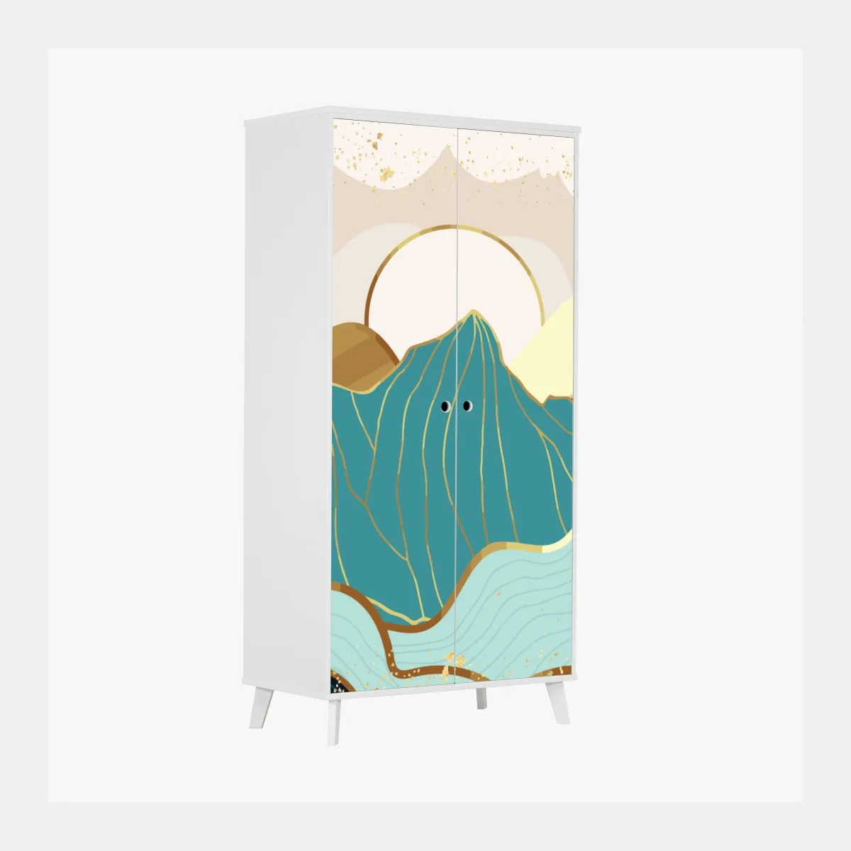 Naklejka na szafę turkusowe góry o złotych akcentach – Wallissimo® Naklejka na szafę turkusowe góry o złotych akcentach – Wallissimo®