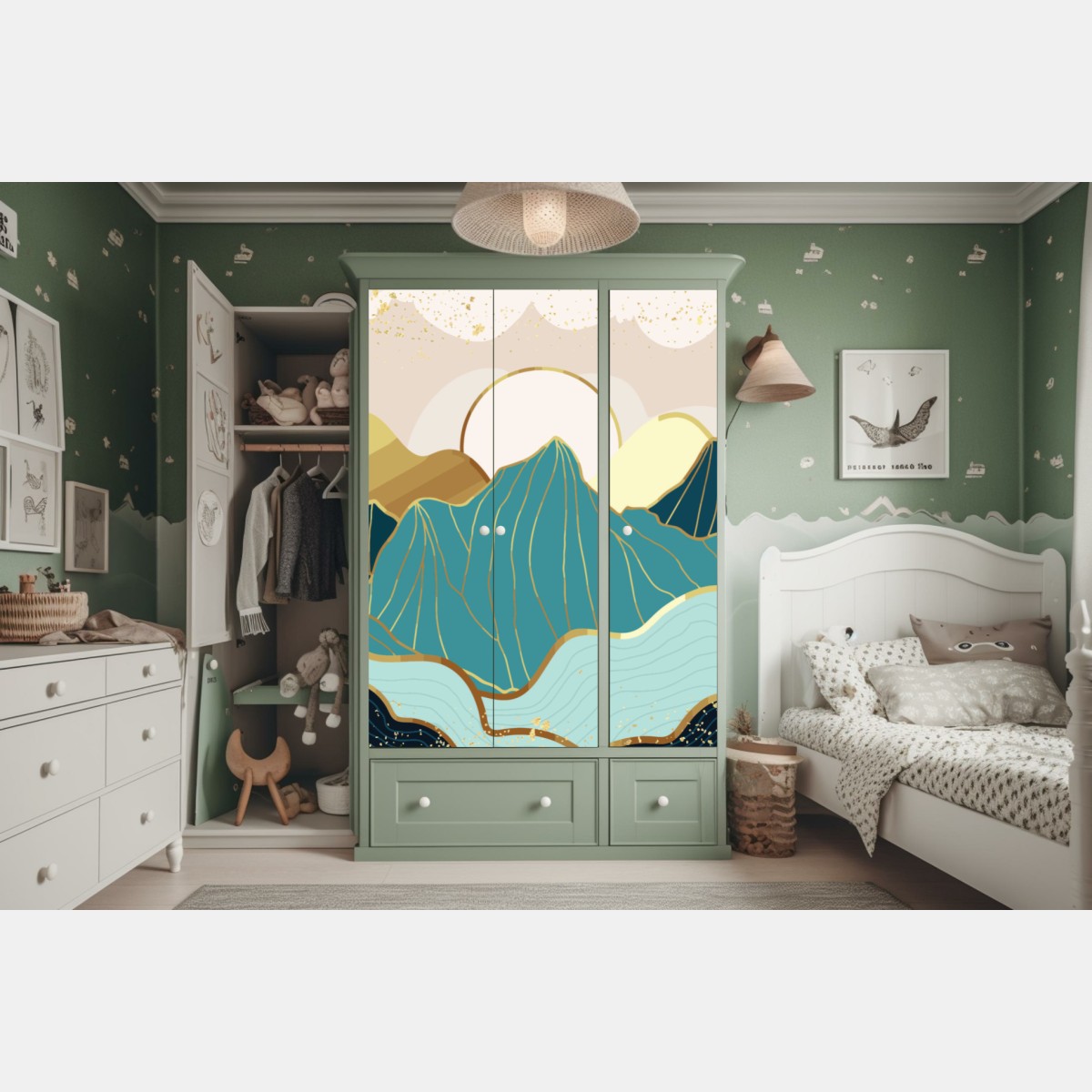 Naklejka na szafę turkusowe góry o złotych akcentach – Wallissimo® Naklejka na szafę turkusowe góry o złotych akcentach – Wallissimo®