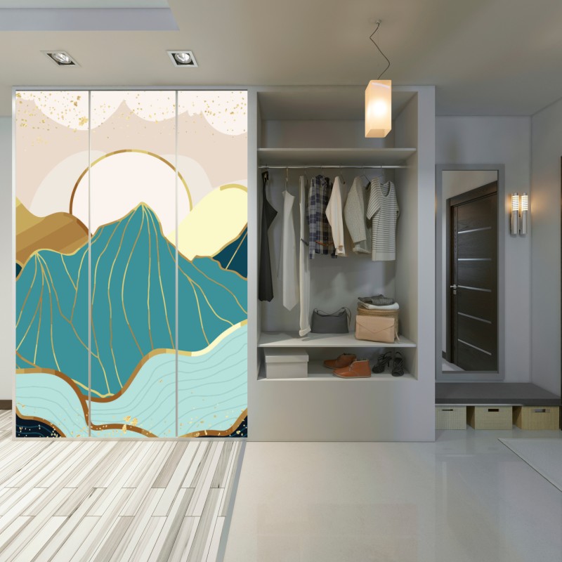 Naklejka na szafę turkusowe góry o złotych akcentach – Wallissimo® Naklejka na szafę turkusowe góry o złotych akcentach – Wallissimo®