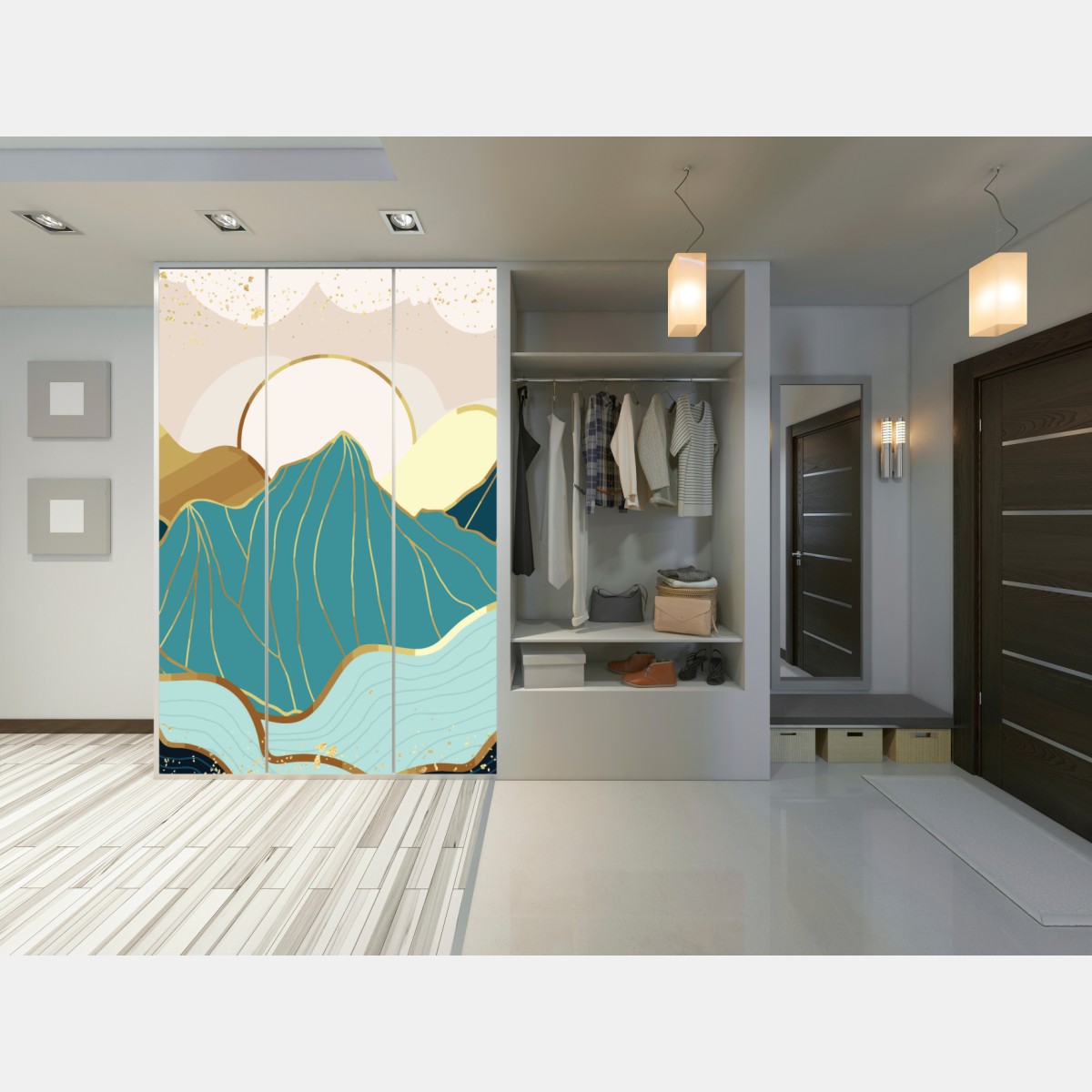 Naklejka na szafę turkusowe góry o złotych akcentach – Wallissimo® Naklejka na szafę turkusowe góry o złotych akcentach – Wallissimo®