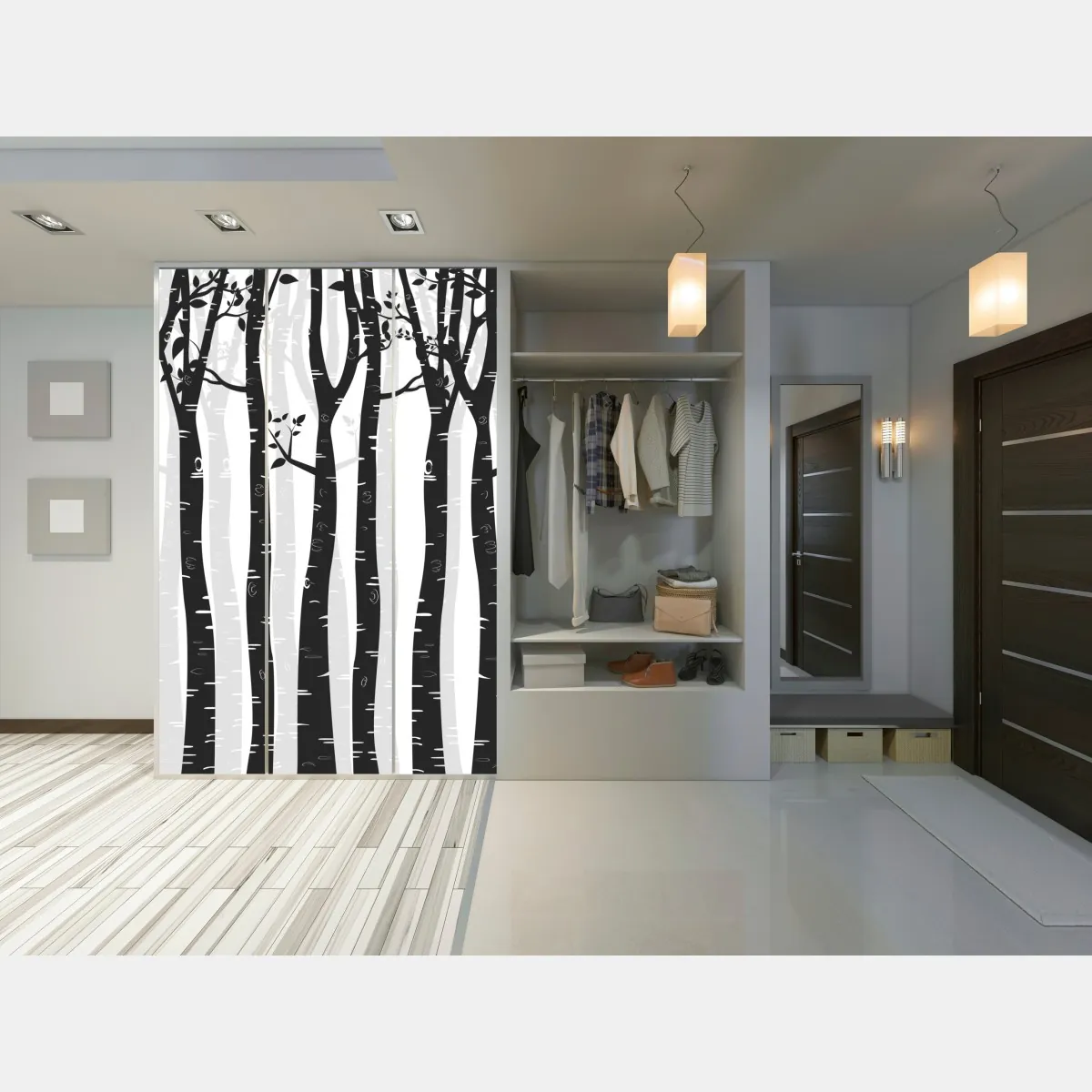 Naklejka na szafę monochromatyczny las brzóz – Wallissimo® Naklejka na szafę monochromatyczny las brzóz – Wallissimo®