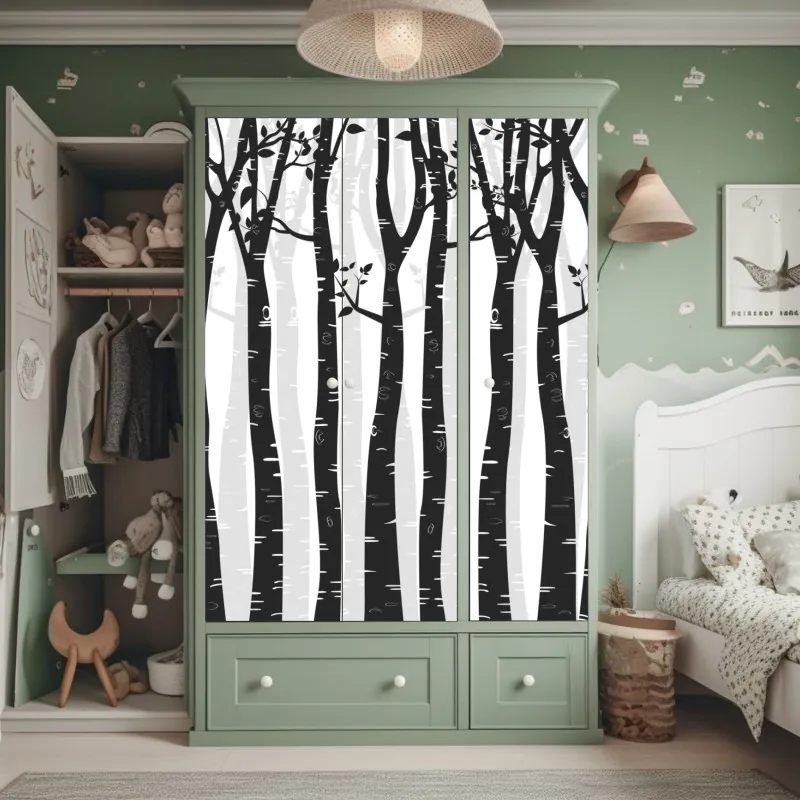 Naklejka na szafę monochromatyczny las brzóz – Wallissimo® Naklejka na szafę monochromatyczny las brzóz – Wallissimo®