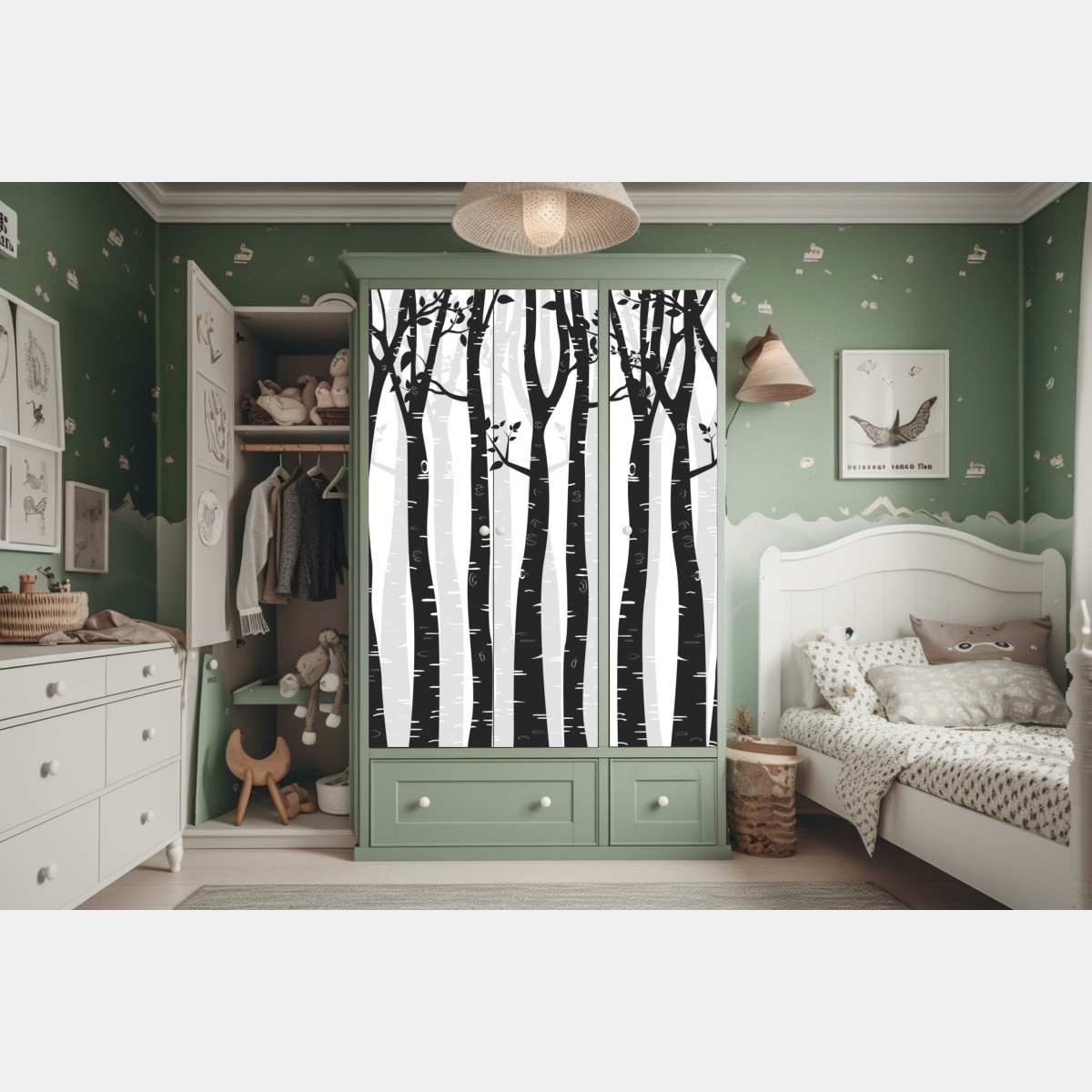 Naklejka na szafę monochromatyczny las brzóz – Wallissimo® Naklejka na szafę monochromatyczny las brzóz – Wallissimo®