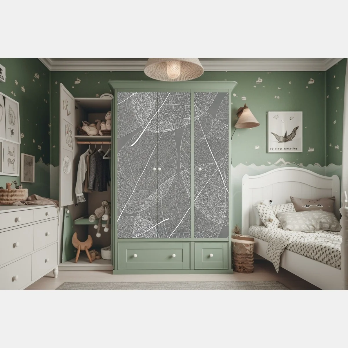 Naklejka na szafę delikatny wzór liści w odcieniach szarości – Wallissimo® Naklejka na szafę delikatny wzór liści w odcieniach szarości – Wallissimo®