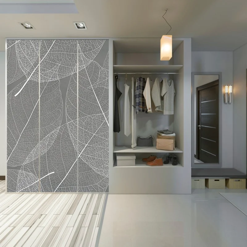 Naklejka na szafę delikatny wzór liści w odcieniach szarości – Wallissimo® Naklejka na szafę delikatny wzór liści w odcieniach szarości – Wallissimo®