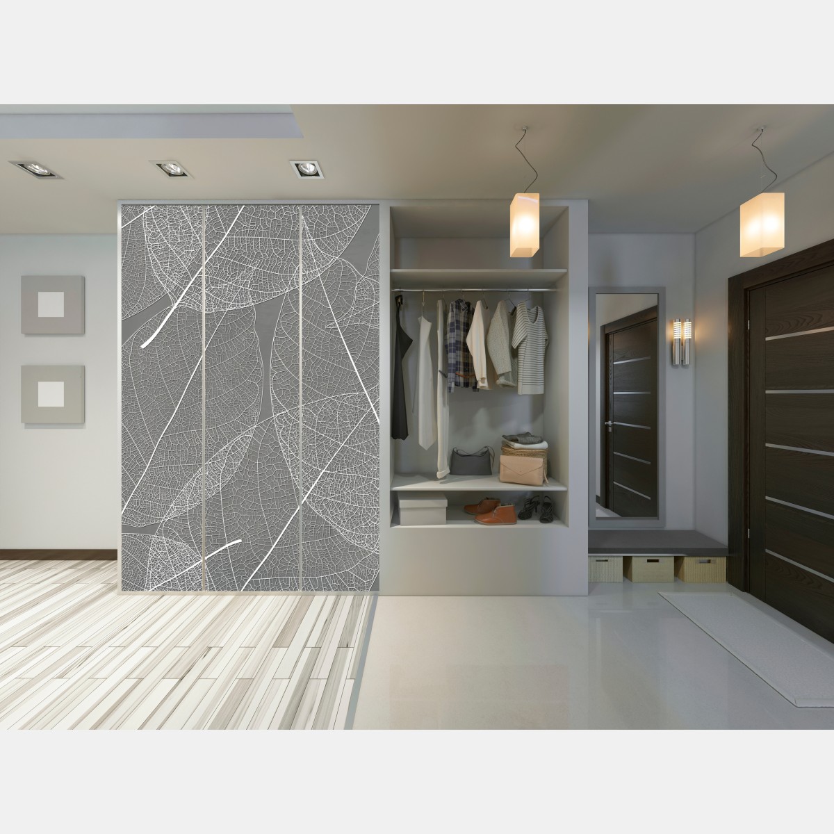 Naklejka na szafę delikatny wzór liści w odcieniach szarości – Wallissimo® Naklejka na szafę delikatny wzór liści w odcieniach szarości – Wallissimo®