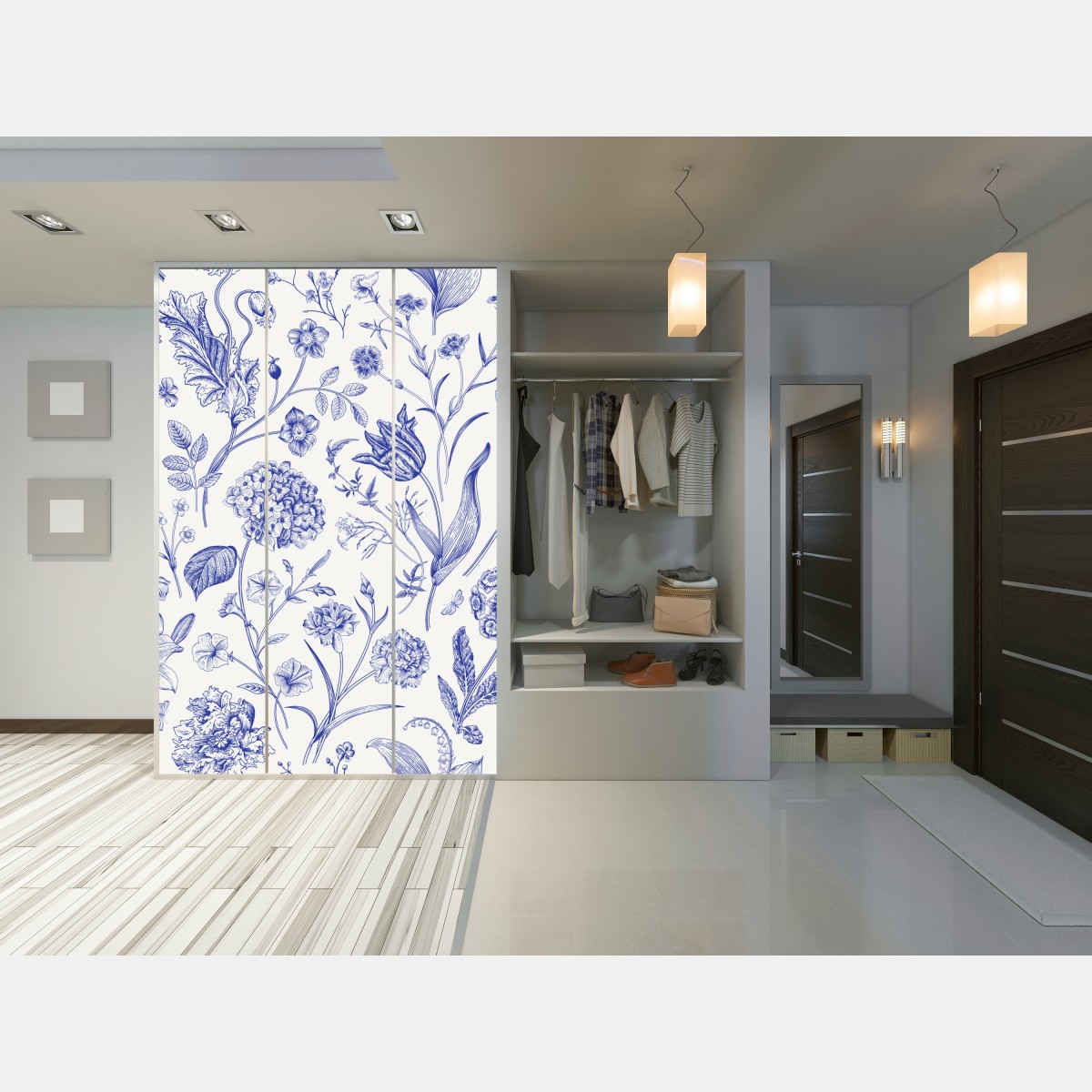 Naklejka na szafę klasyczny niebieski wzór toile z motywem kwiatowym – Wallissimo® Naklejka na szafę klasyczny niebieski wzór toile z motywem kwiatowym – Wallissimo®