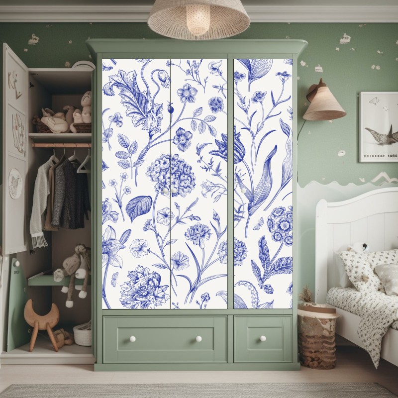 Naklejka na szafę klasyczny niebieski wzór toile z motywem kwiatowym – Wallissimo® Naklejka na szafę klasyczny niebieski wzór toile z motywem kwiatowym – Wallissimo®