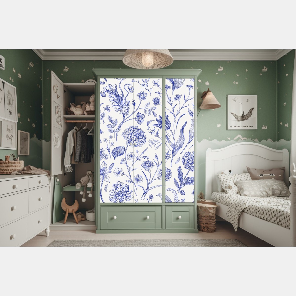 Naklejka na szafę klasyczny niebieski wzór toile z motywem kwiatowym – Wallissimo® Naklejka na szafę klasyczny niebieski wzór toile z motywem kwiatowym – Wallissimo®