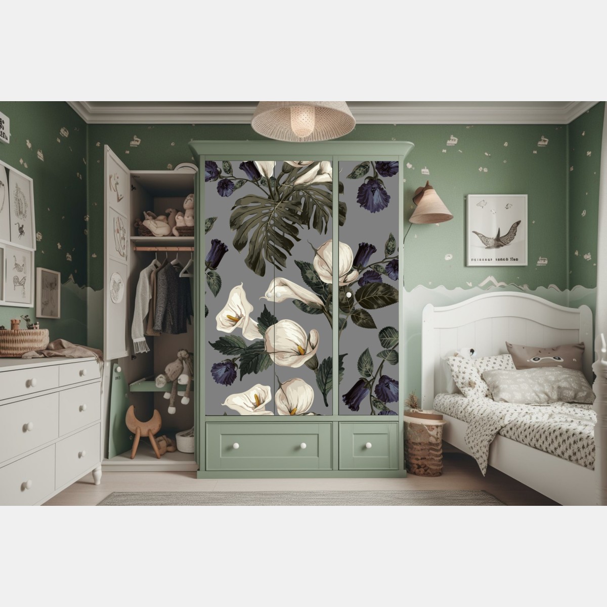 Naklejka na szafę botaniczny wzór: delikatne kalie i liście monstery na szarym tle – Wallissimo® Naklejka na szafę botaniczny wzór: delikatne kalie i liście monstery na szarym tle – Wallissimo®