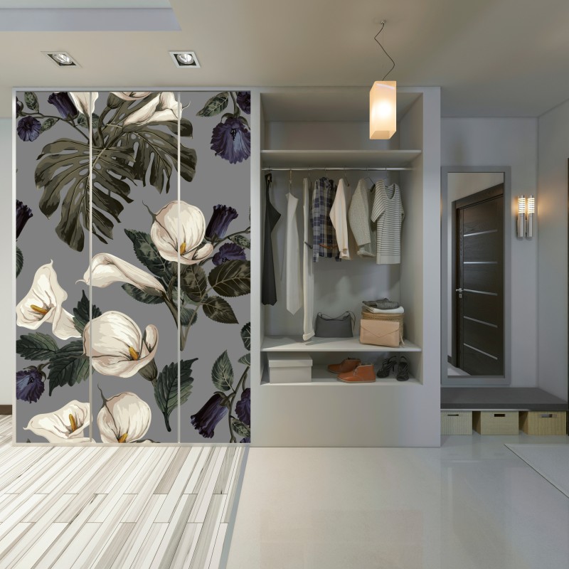 Naklejka na szafę botaniczny wzór: delikatne kalie i liście monstery na szarym tle – Wallissimo® Naklejka na szafę botaniczny wzór: delikatne kalie i liście monstery na szarym tle – Wallissimo®