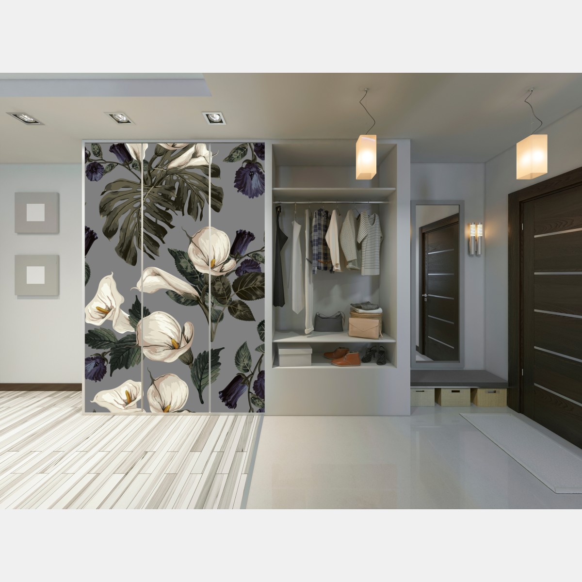 Naklejka na szafę botaniczny wzór: delikatne kalie i liście monstery na szarym tle – Wallissimo® Naklejka na szafę botaniczny wzór: delikatne kalie i liście monstery na szarym tle – Wallissimo®