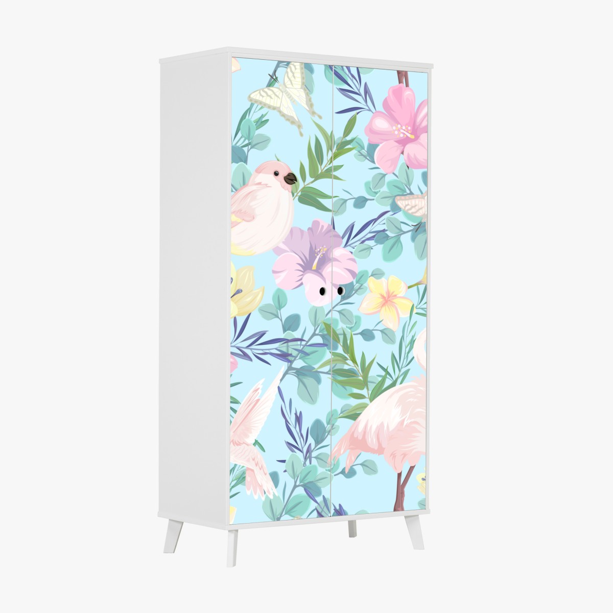 Wardrobe sticker pastel tropical birds and floral pattern