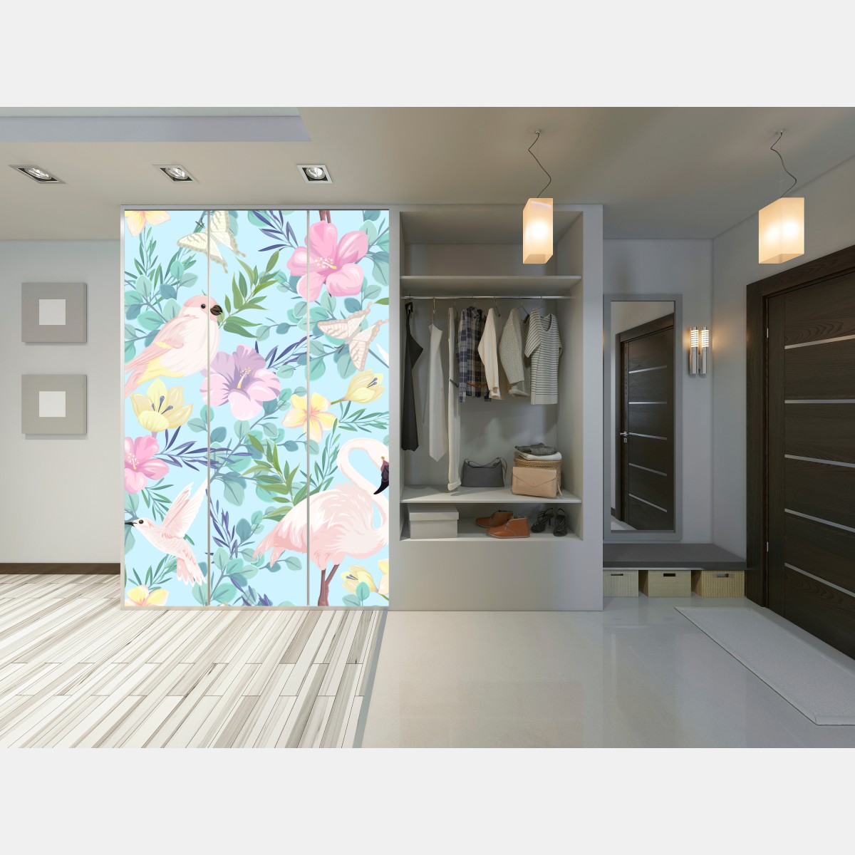 Naklejka na szafę pastelowy wzór z tropikalnymi ptakami i kwiatami – Wallissimo® Naklejka na szafę pastelowy wzór z tropikalnymi ptakami i kwiatami – Wallissimo®