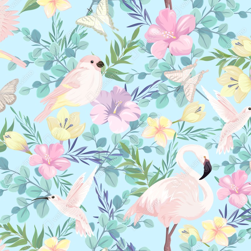 Naklejka na szafę pastelowy wzór z tropikalnymi ptakami i kwiatami – Wallissimo® Naklejka na szafę pastelowy wzór z tropikalnymi ptakami i kwiatami – Wallissimo®