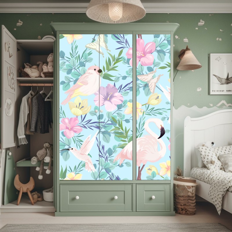 Naklejka na szafę pastelowy wzór z tropikalnymi ptakami i kwiatami – Wallissimo® Naklejka na szafę pastelowy wzór z tropikalnymi ptakami i kwiatami – Wallissimo®