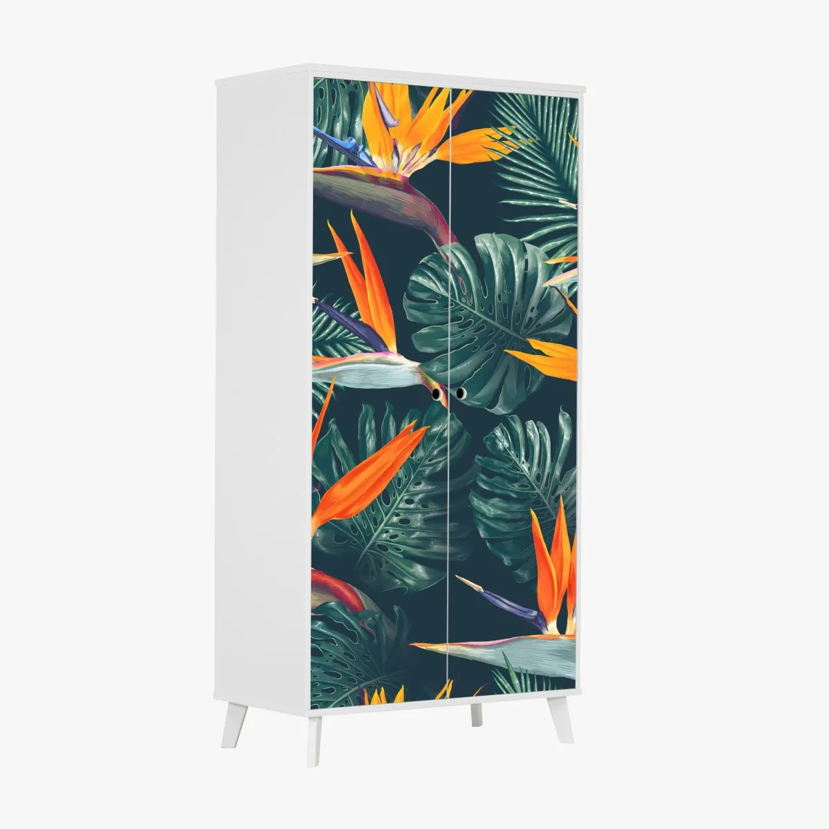 Naklejka na szafę egzotyczny motyw rajskich ptaków i liści monstery – Wallissimo® Naklejka na szafę egzotyczny motyw rajskich ptaków i liści monstery – Wallissimo®