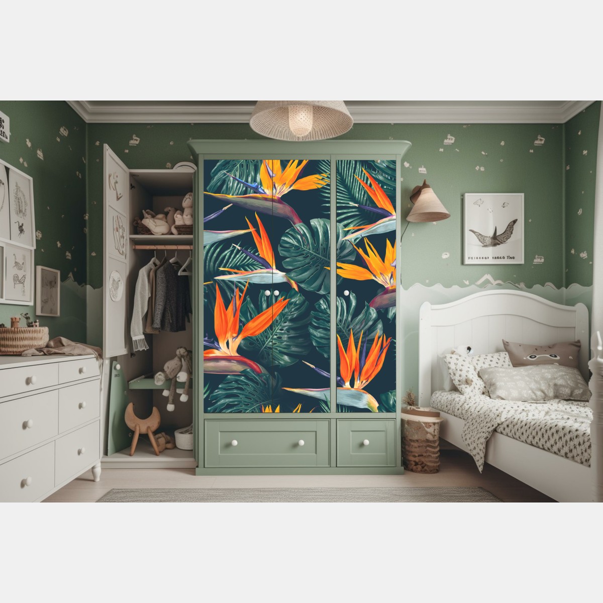 Naklejka na szafę egzotyczny motyw rajskich ptaków i liści monstery – Wallissimo® Naklejka na szafę egzotyczny motyw rajskich ptaków i liści monstery – Wallissimo®