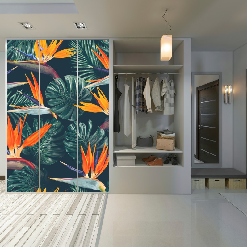 Naklejka na szafę egzotyczny motyw rajskich ptaków i liści monstery – Wallissimo® Naklejka na szafę egzotyczny motyw rajskich ptaków i liści monstery – Wallissimo®