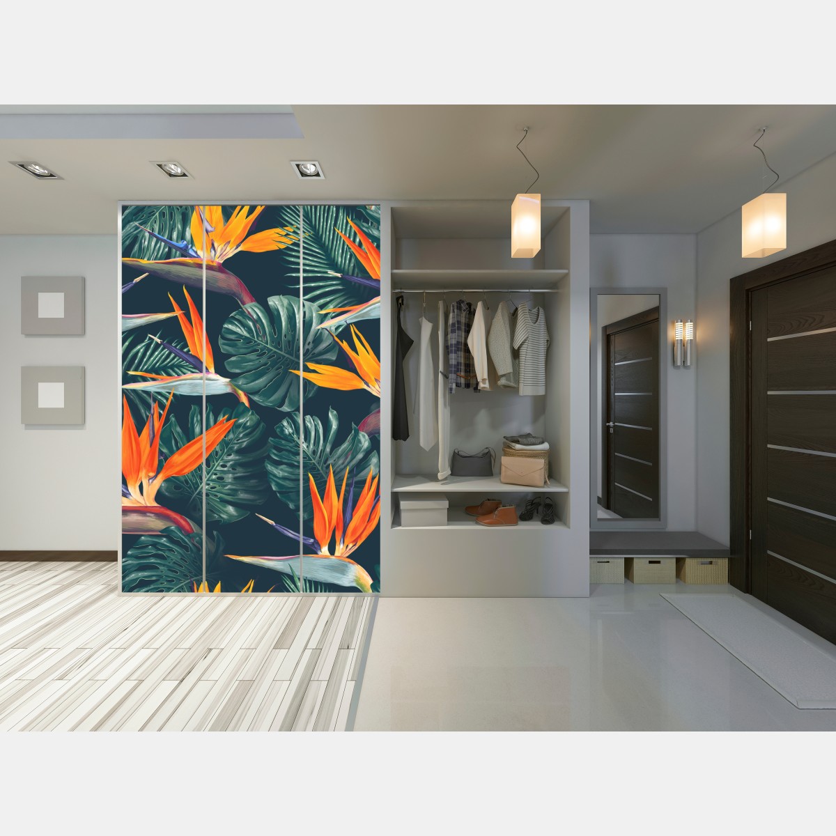 Naklejka na szafę egzotyczny motyw rajskich ptaków i liści monstery – Wallissimo® Naklejka na szafę egzotyczny motyw rajskich ptaków i liści monstery – Wallissimo®