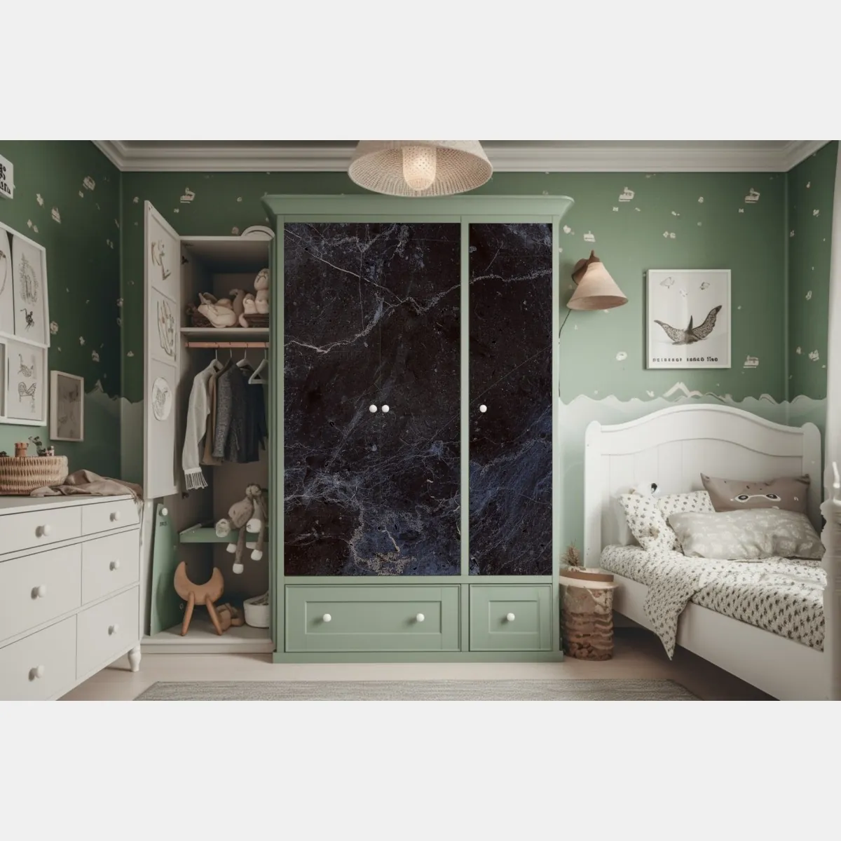 Naklejka na szafę ciemna faktura marmuru z niebieskimi żyłkami – Wallissimo® Naklejka na szafę ciemna faktura marmuru z niebieskimi żyłkami – Wallissimo®