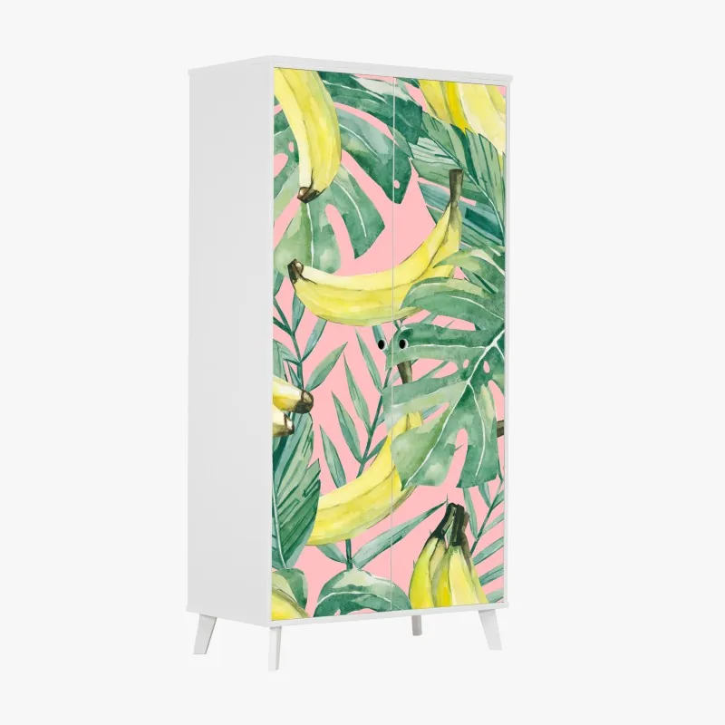 Naklejka na szafę akwarelowy wzór z bananami i liśćmi na różowym tle
