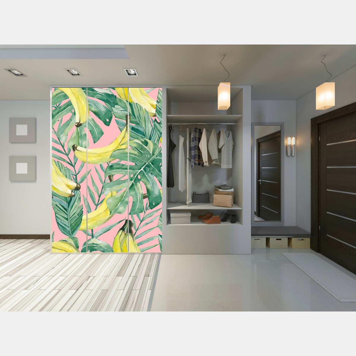 Naklejka na szafę akwarelowy wzór z bananami i liśćmi na różowym tle – Wallissimo® Naklejka na szafę akwarelowy wzór z bananami i liśćmi na różowym tle – Wallissimo®