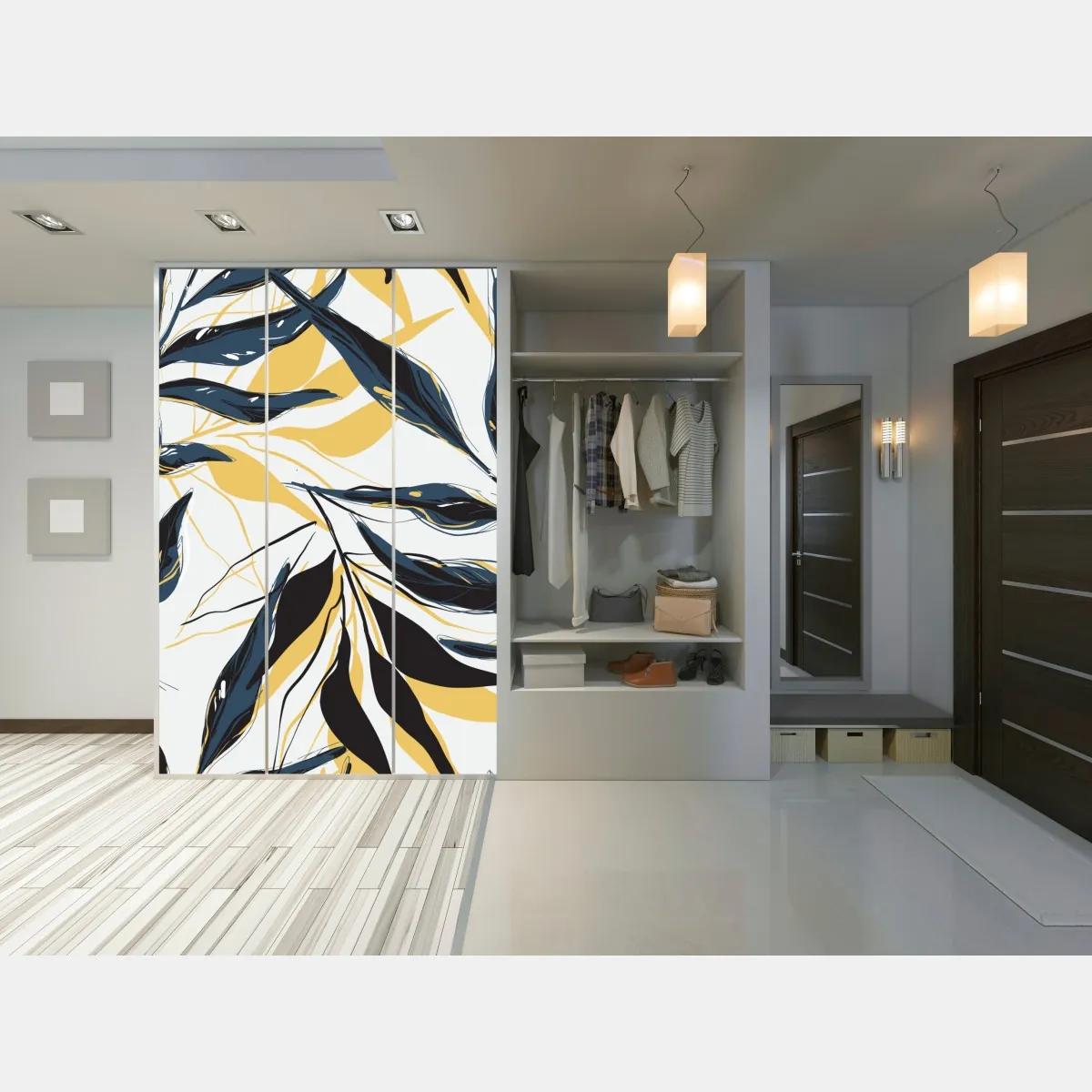Naklejka na szafę granatowo-złoty botaniczny wzór liści – Wallissimo® Naklejka na szafę granatowo-złoty botaniczny wzór liści – Wallissimo®