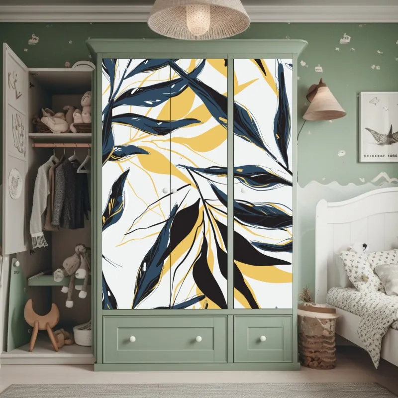 Naklejka na szafę granatowo-złoty botaniczny wzór liści – Wallissimo® Naklejka na szafę granatowo-złoty botaniczny wzór liści – Wallissimo®