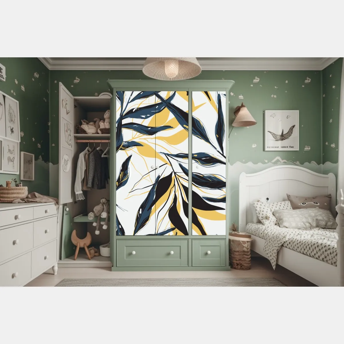 Naklejka na szafę granatowo-złoty botaniczny wzór liści – Wallissimo® Naklejka na szafę granatowo-złoty botaniczny wzór liści – Wallissimo®