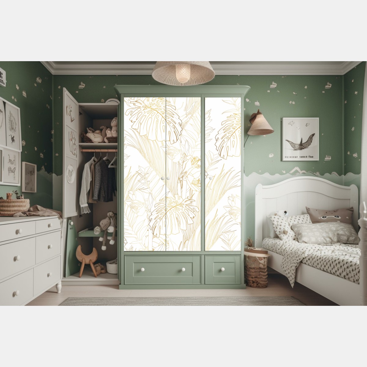 Naklejka na szafę złote tropikalne liście – Wallissimo® Naklejka na szafę złote tropikalne liście – Wallissimo®