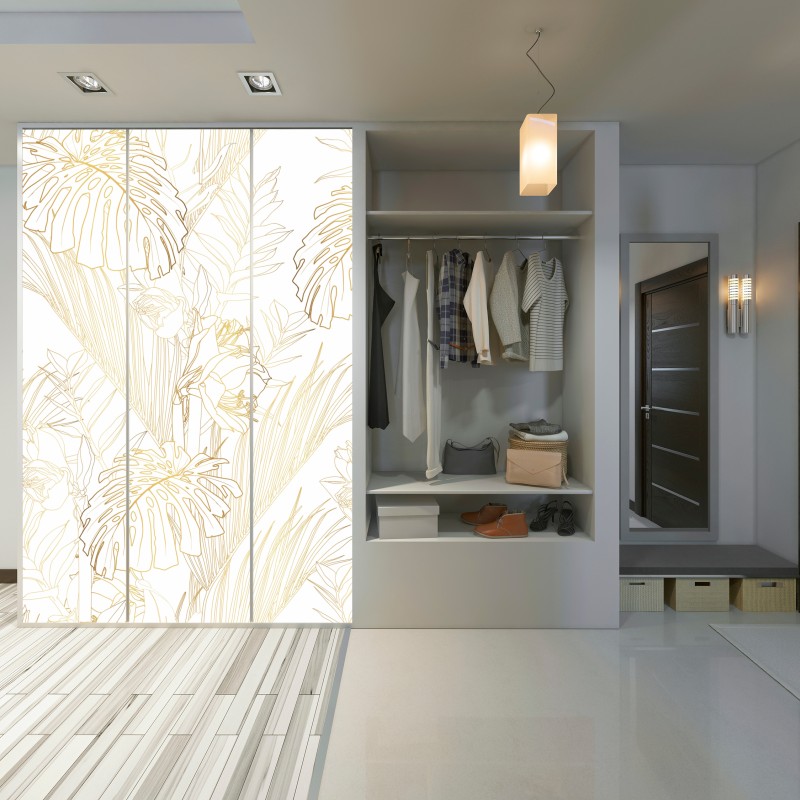 Naklejka na szafę złote tropikalne liście – Wallissimo® Naklejka na szafę złote tropikalne liście – Wallissimo®