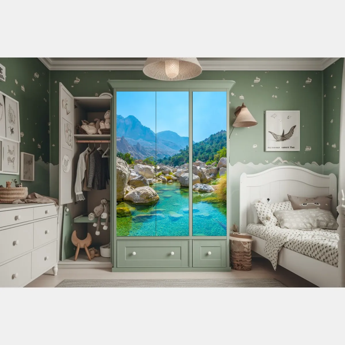 Naklejka na szafę turkusowa górska oaza – Wallissimo® Naklejka na szafę turkusowa górska oaza – Wallissimo®