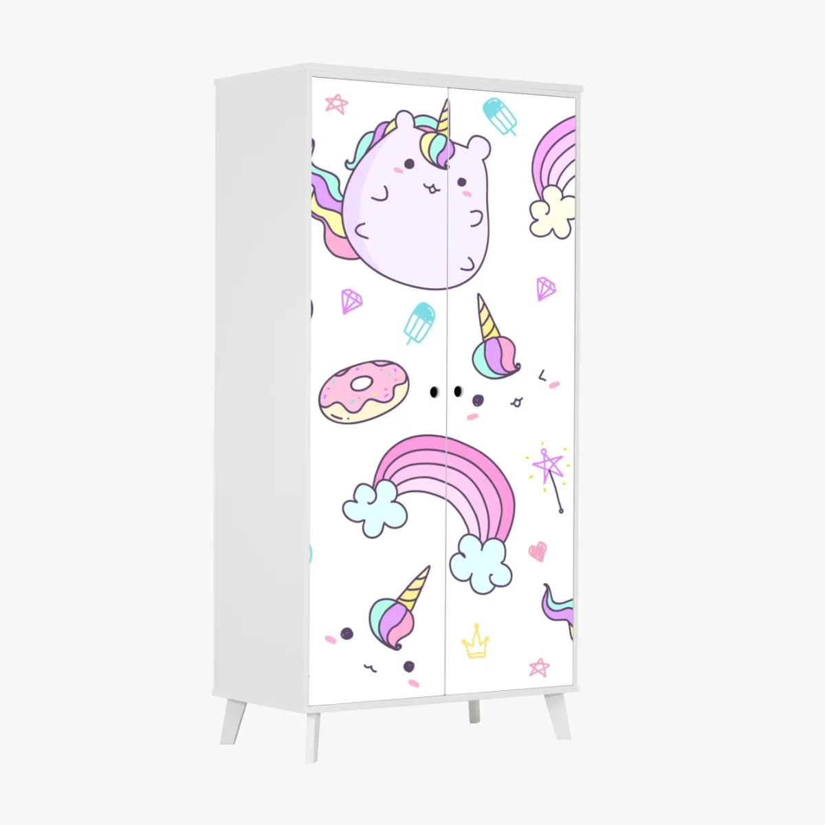 Naklejka na szafę zabawny pastelowy wzór z jednorożcowym kotem – Wallissimo® Naklejka na szafę zabawny pastelowy wzór z jednorożcowym kotem – Wallissimo®