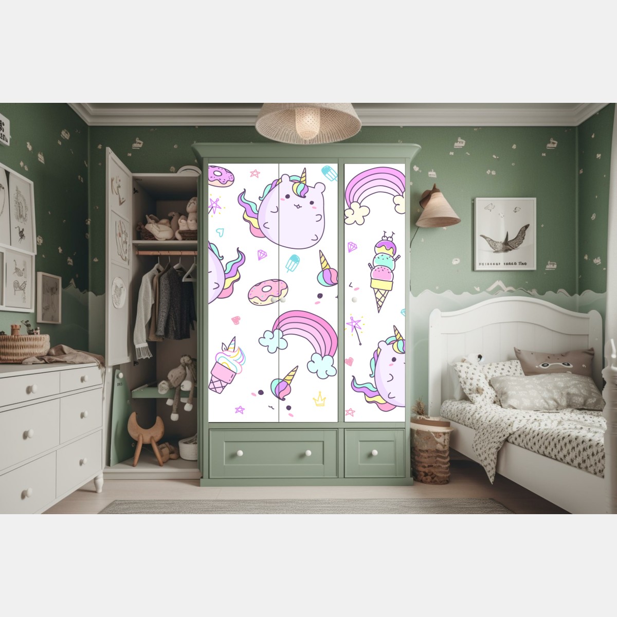 Naklejka na szafę zabawny pastelowy wzór z jednorożcowym kotem – Wallissimo® Naklejka na szafę zabawny pastelowy wzór z jednorożcowym kotem – Wallissimo®