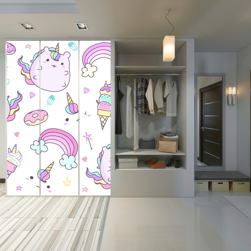 Naklejka na szafę zabawny pastelowy wzór z jednorożcowym kotem – Wallissimo® Naklejka na szafę zabawny pastelowy wzór z jednorożcowym kotem – Wallissimo®