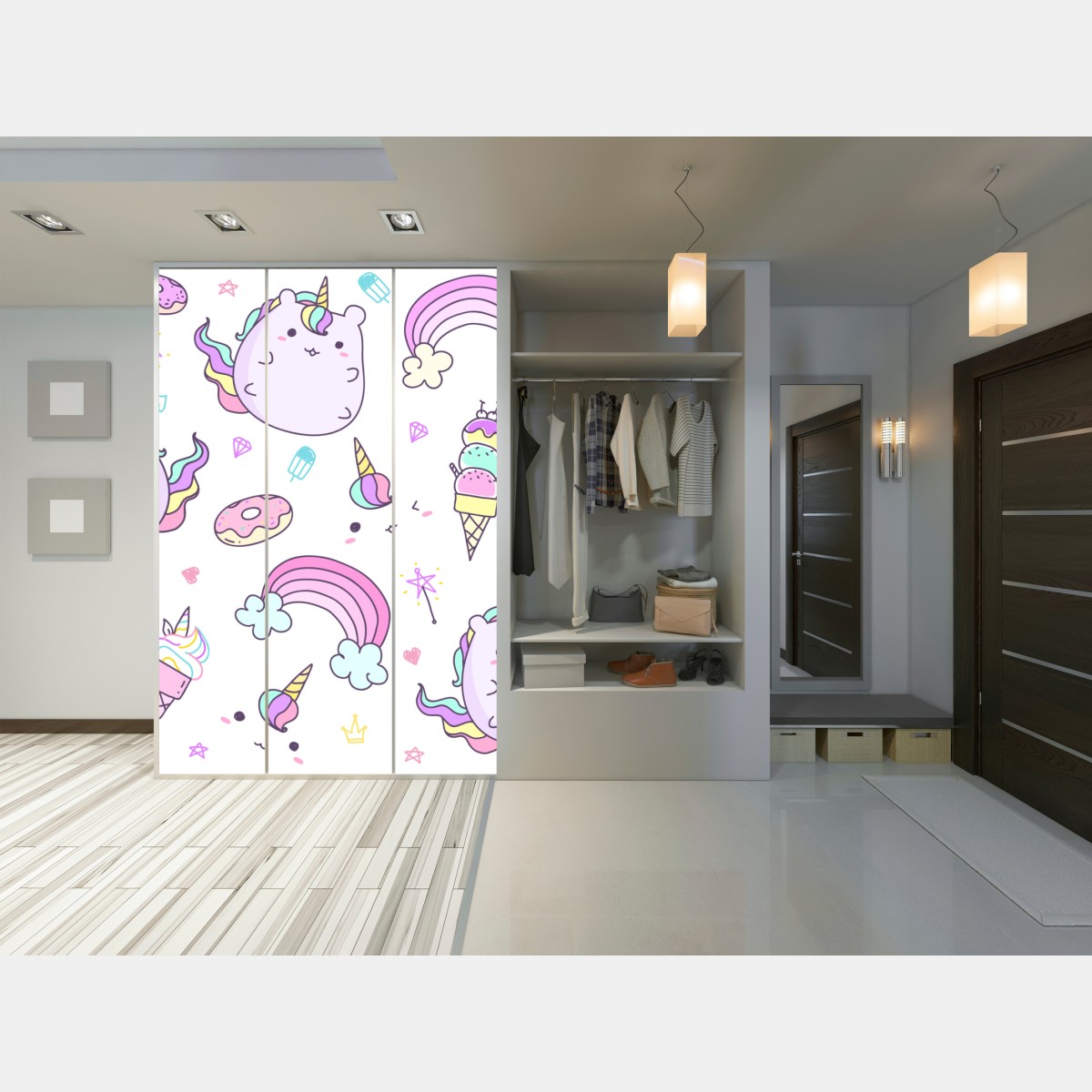 Naklejka na szafę zabawny pastelowy wzór z jednorożcowym kotem – Wallissimo® Naklejka na szafę zabawny pastelowy wzór z jednorożcowym kotem – Wallissimo®