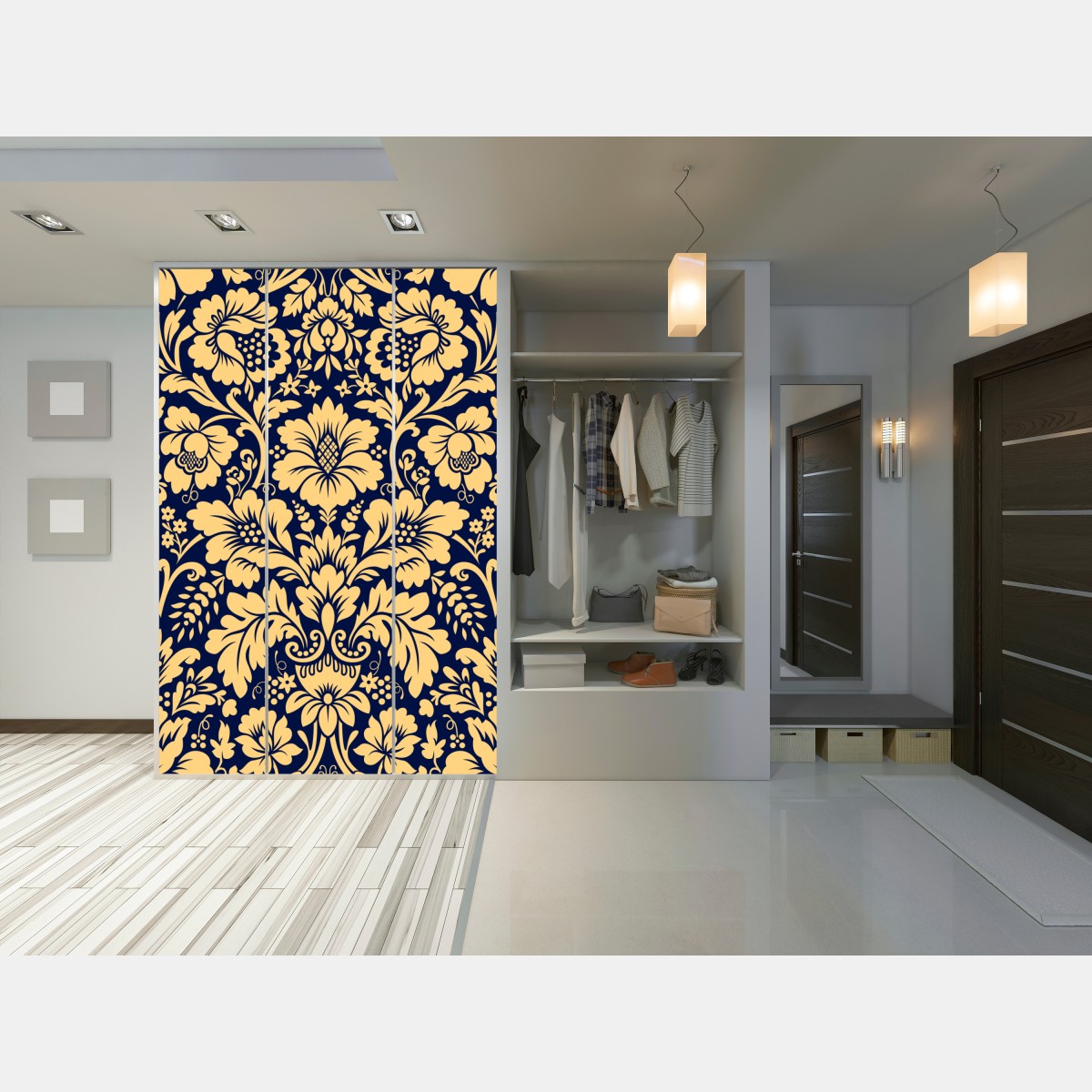 Naklejka na szafę granatowo-beżowy wzór damasceński – Wallissimo® Naklejka na szafę granatowo-beżowy wzór damasceński – Wallissimo®