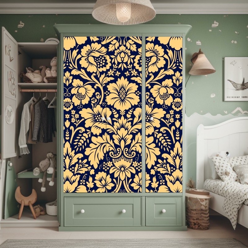 Naklejka na szafę granatowo-beżowy wzór damasceński – Wallissimo® Naklejka na szafę granatowo-beżowy wzór damasceński – Wallissimo®