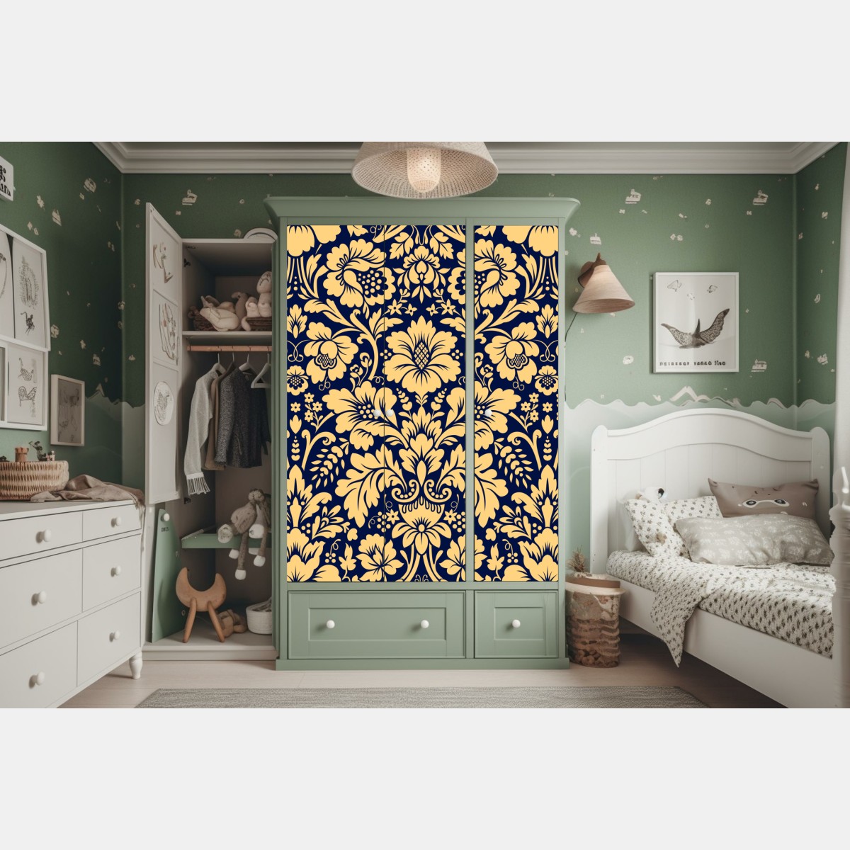 Naklejka na szafę granatowo-beżowy wzór damasceński – Wallissimo® Naklejka na szafę granatowo-beżowy wzór damasceński – Wallissimo®