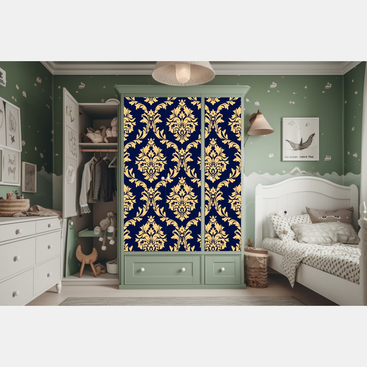 Naklejka na szafę wzór damaskowy w odcieniach złota i granatu – Wallissimo® Naklejka na szafę wzór damaskowy w odcieniach złota i granatu – Wallissimo®