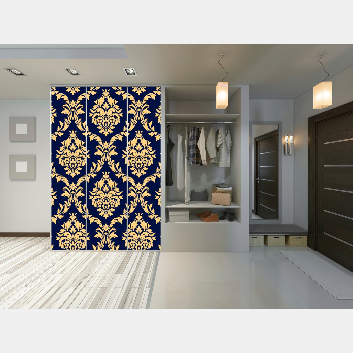 Naklejka na szafę wzór damaskowy w odcieniach złota i granatu – Wallissimo® Naklejka na szafę wzór damaskowy w odcieniach złota i granatu – Wallissimo®