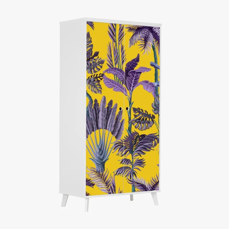 Naklejka na szafę tropikalne fioletowe liście na żółtym tle