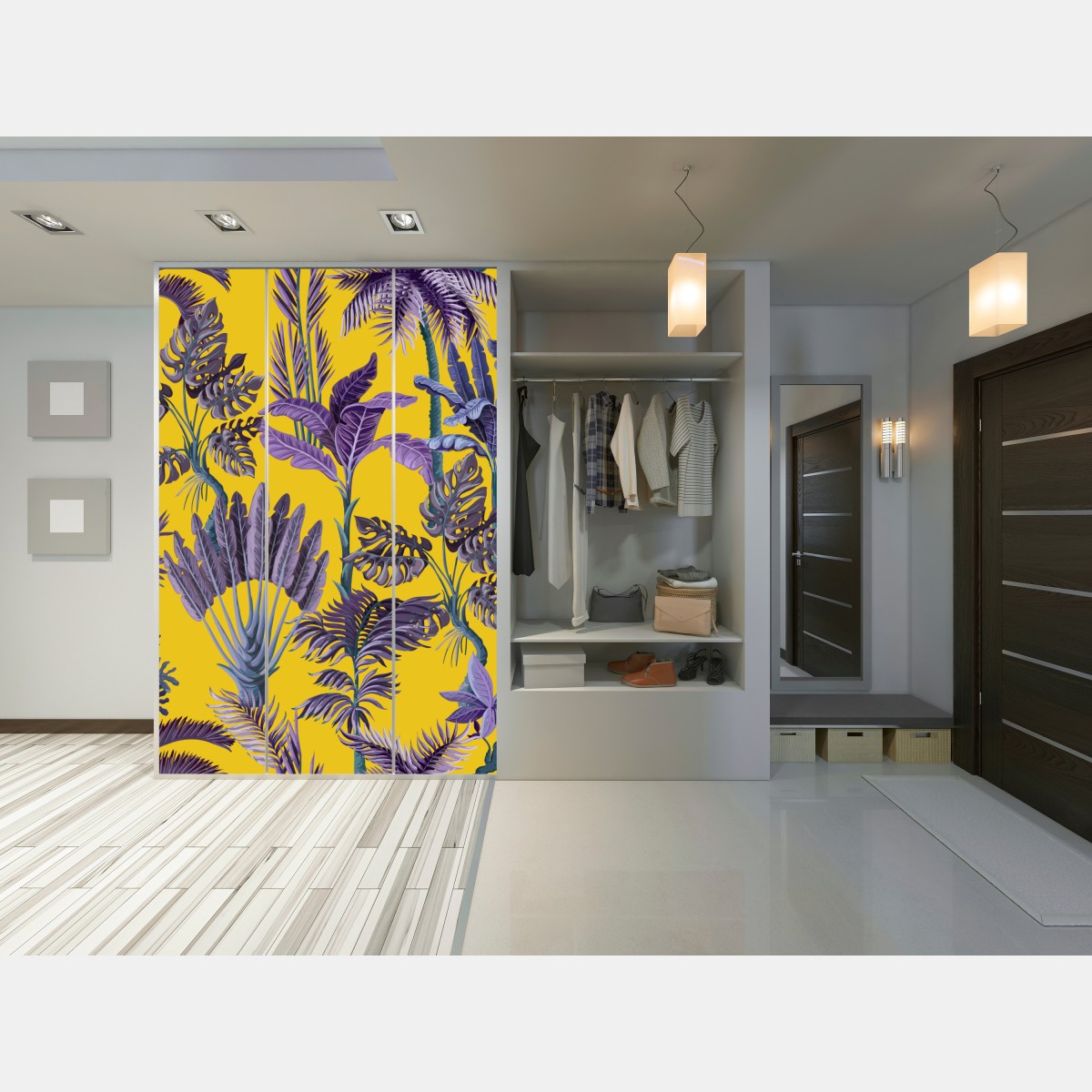 Naklejka na szafę tropikalne fioletowe liście na żółtym tle – Wallissimo® Naklejka na szafę tropikalne fioletowe liście na żółtym tle – Wallissimo®